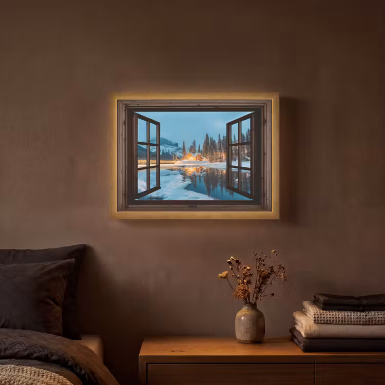 Doorkijk - Winter - Landschap - Natuur - Huis - Bergen Light Box met batterij (Wandlamp) middel -sfeer4