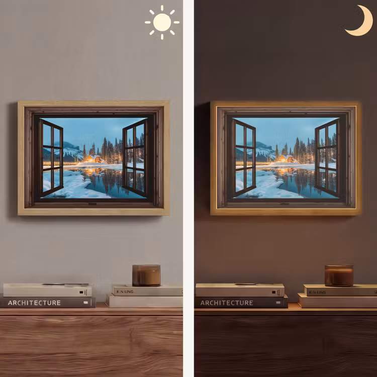 Doorkijk - Winter - Landschap - Natuur - Huis - Bergen Light Box met batterij (Wandlamp) middel -sfeer3