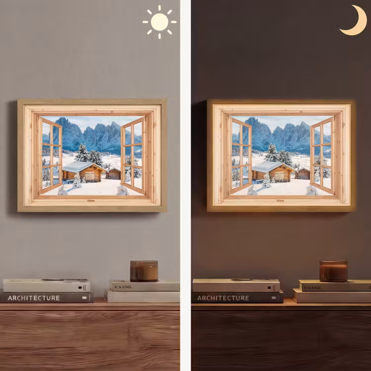 Doorkijk - Winterlandschap - Huisje - Bergen - Uitzicht Light Box met batterij (Wandlamp) middel -sfeer3