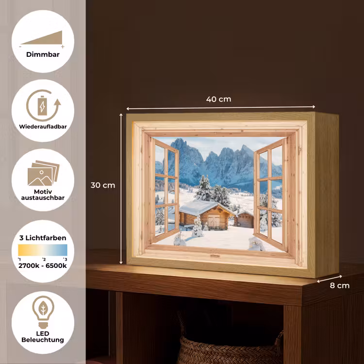 Doorkijk - Winterlandschap - Huisje - Bergen - Uitzicht Light Box met batterij (Wandlamp) middel -USP_websiteoverzichtDE