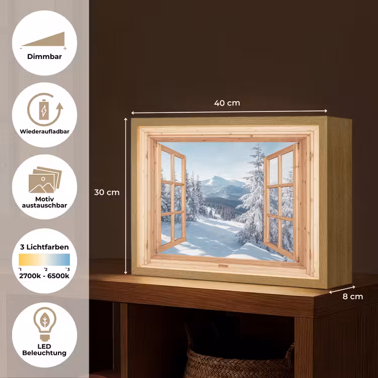 Doorkijk - Winterlandschap - Natuur - Berg - Bomen - Hout Light Box met batterij (Wandlamp) middel -USP_websiteoverzichtDE