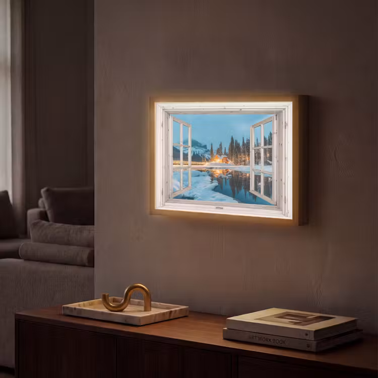 Doorkijk - Winterlandschap - Natuur - Huis - Bergen Light Box met batterij (Wandlamp) middel -sfeer1