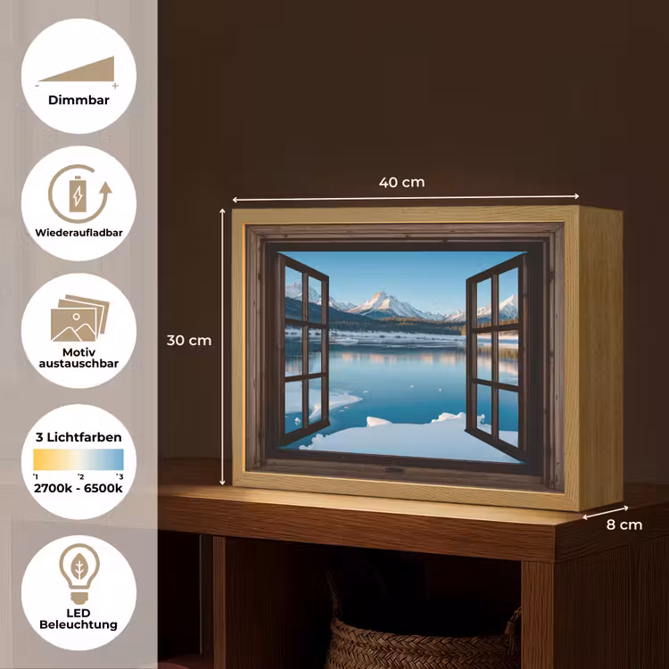 Doorkijk - Winterlandschap - Meer - Bergen - Uitzicht Light Box met batterij (Wandlamp) middel -USP_websiteoverzichtDE