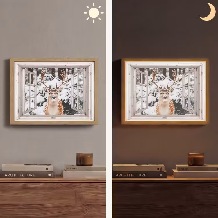 Doorkijk - Hert - Sneeuw - Winter - Bos - Dieren - Natuur Light Box met batterij (Wandlamp) middel -sfeer3