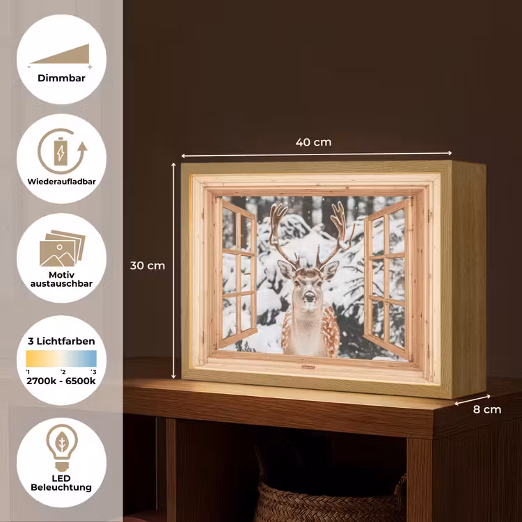 Doorkijk - Hert - Sneeuw - Winter - Bos - Dieren Light Box met batterij (Wandlamp) middel -USP_websiteoverzichtDE