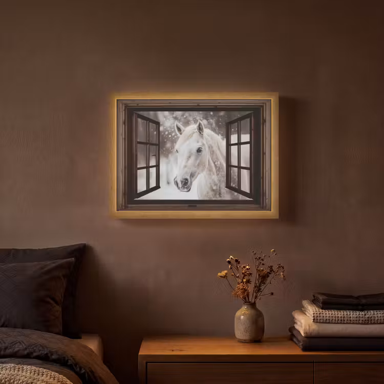 Doorkijk - Paard - Wit - Winterlandschap - Sneeuw Light Box met batterij (Wandlamp) middel -sfeer4