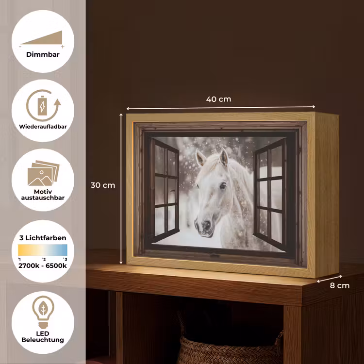 Doorkijk - Paard - Wit - Winterlandschap - Sneeuw Light Box met batterij (Wandlamp) middel -USP_websiteoverzichtDE