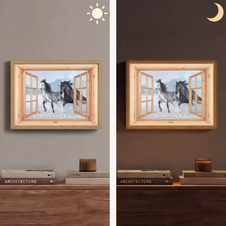 Doorkijk - Paarden - Winter - Dieren - Natuur - Hout Light Box met batterij (Wandlamp) middel -sfeer3