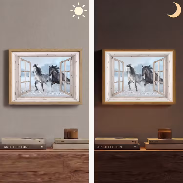 Doorkijk - Paarden - Winter - Dieren - Natuur - Wit Light Box met batterij (Wandlamp) middel -sfeer3