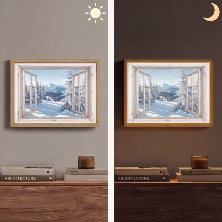 Doorkijk - Winter - Landschap - Natuur - Berg - Bomen - Wit Light Box met batterij (Wandlamp) middel -sfeer3