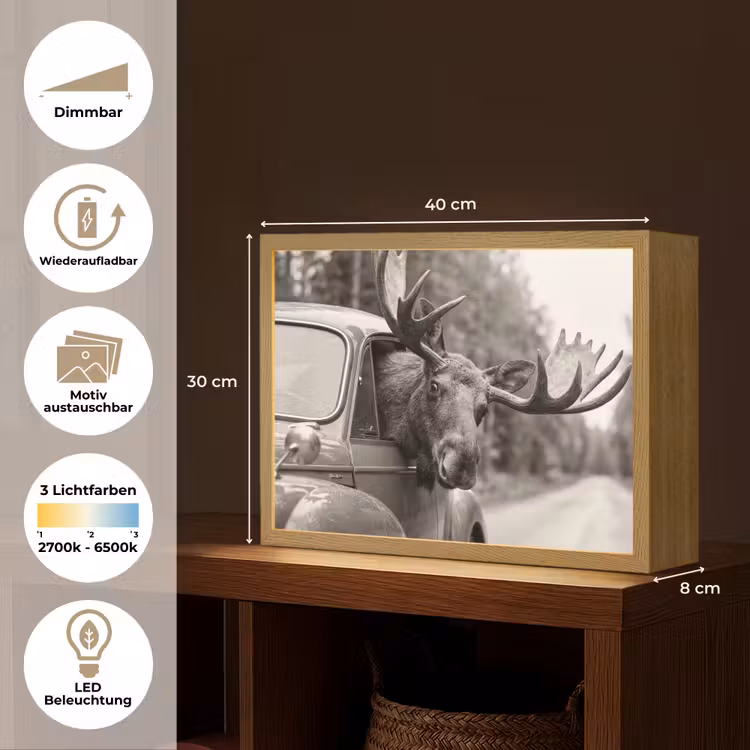 Eland - Auto - Gewei - Zwart - Wit Light Box met batterij (Wandlamp) middel -USP_websiteoverzichtDE