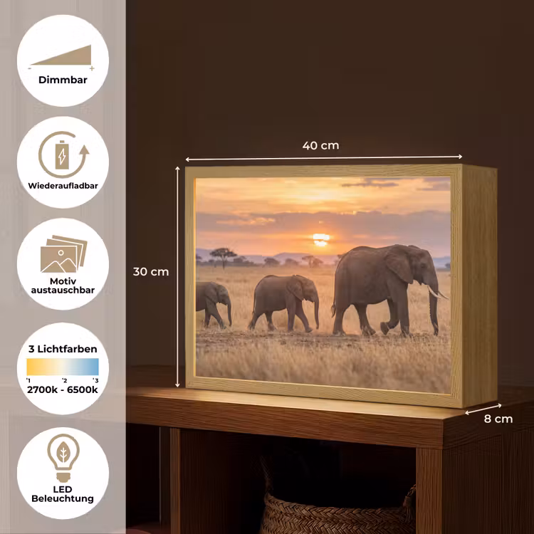 Olifanten - Savanne - Zonsondergang - Afrika - Warm Light Box met batterij (Wandlamp) middel -USP_websiteoverzichtDE