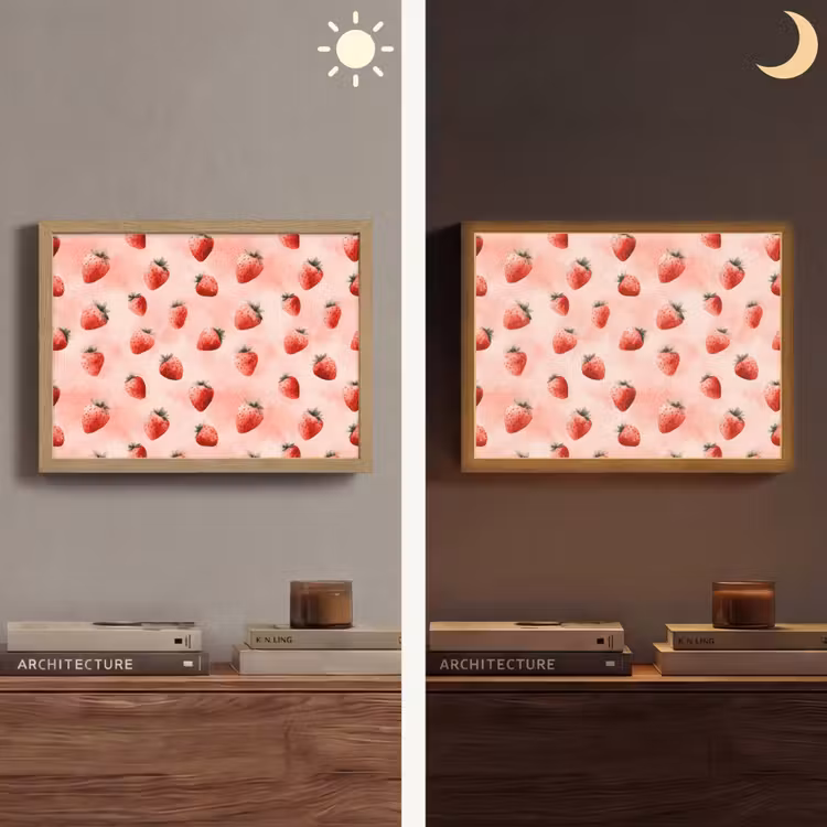 Aardbei - Patroon - Roze Light Box met batterij (Wandlamp) middel 907 -sfeer3