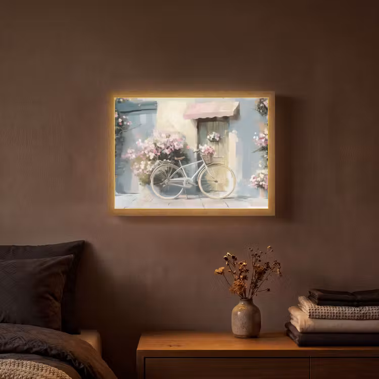 Fiets - Pastelkleuren - Bloemen Light Box met batterij (Wandlamp) middel -sfeer4