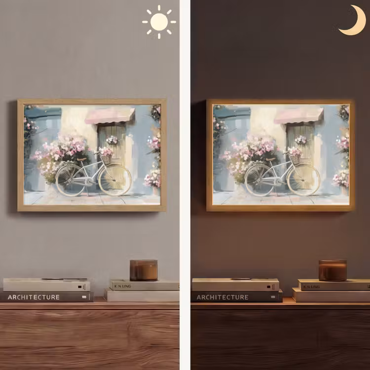 Fiets - Pastelkleuren - Bloemen Light Box met batterij (Wandlamp) middel -sfeer3