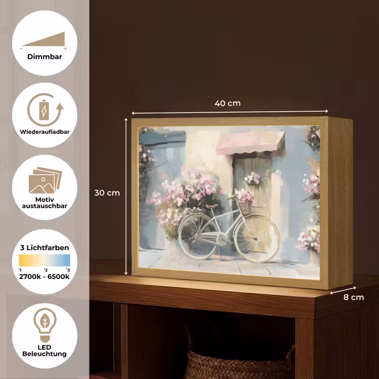 Fiets - Pastelkleuren - Bloemen Light Box met batterij (Wandlamp) middel -USP_websiteoverzichtDE