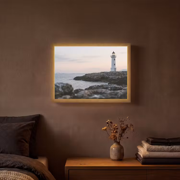 Rotsen - Vuurtoren - Wit Light Box met batterij (Wandlamp) middel -sfeer4
