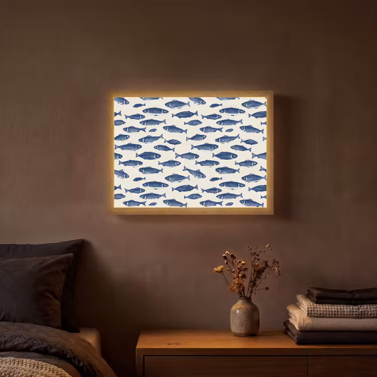 Vissen - Patroon - Blauw - Wit Light Box met batterij (Wandlamp) middel 907 -sfeer4