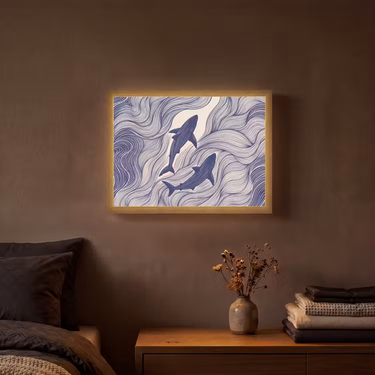 Vis - Oceaan - Lijntekening - Blauw - Dieren Light Box met batterij (Wandlamp) middel -sfeer4