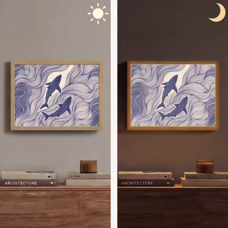 Vis - Oceaan - Lijntekening - Blauw - Dieren Light Box met batterij (Wandlamp) middel -sfeer3