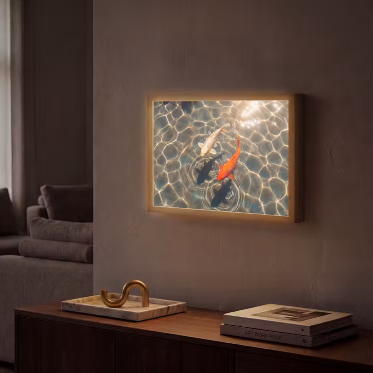 Vis - Water - Dieren - Oranje - Goud Light Box met batterij (Wandlamp) middel -sfeer1