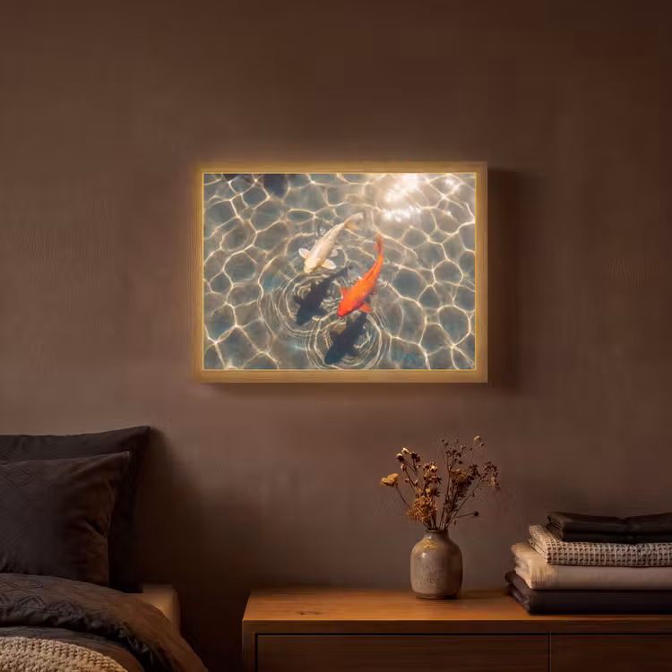 Vis - Water - Dieren - Oranje - Goud Light Box met batterij (Wandlamp) middel -sfeer4