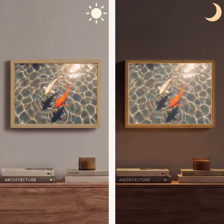 Vis - Water - Dieren - Oranje - Goud Light Box met batterij (Wandlamp) middel -sfeer3