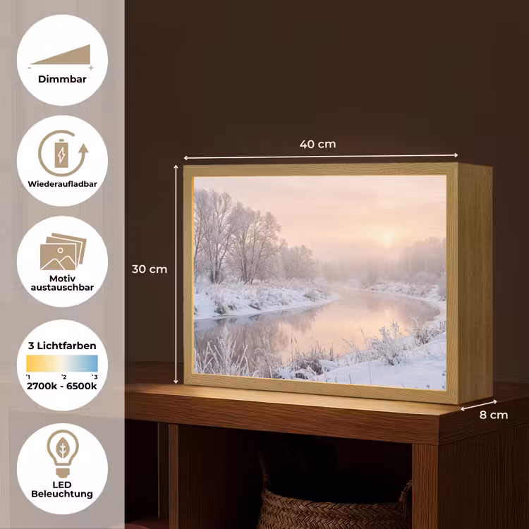 Rivier - Winter - Landschap - Sneeuw - Zonsopgang Light Box met batterij (Wandlamp) middel -USP_websiteoverzichtDE