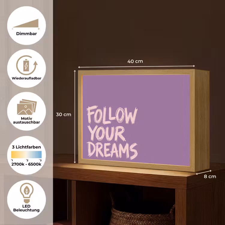 Follow your dreams - Paars - Penseeltextuur Light Box met batterij (Wandlamp) middel -USP_websiteoverzichtDE