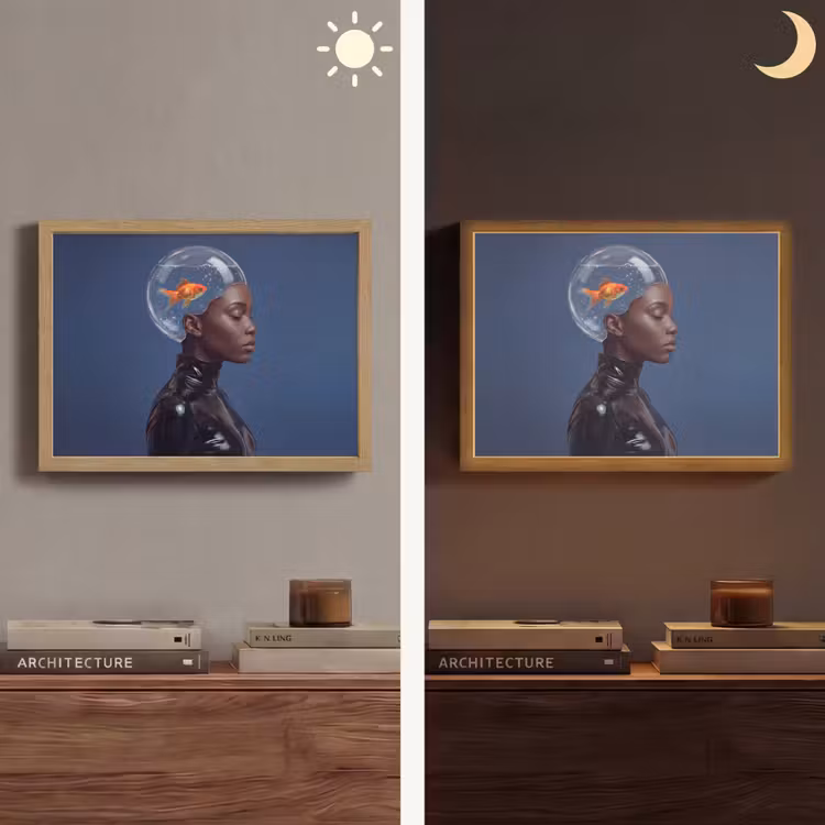 Vrouw - Goudvis - Hoofd - Abstract - Blauw Light Box met batterij (Wandlamp) middel -sfeer3