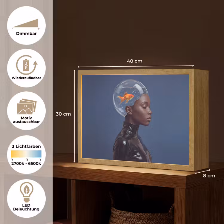 Vrouw - Goudvis - Hoofd - Abstract - Blauw Light Box met batterij (Wandlamp) middel -USP_websiteoverzichtDE