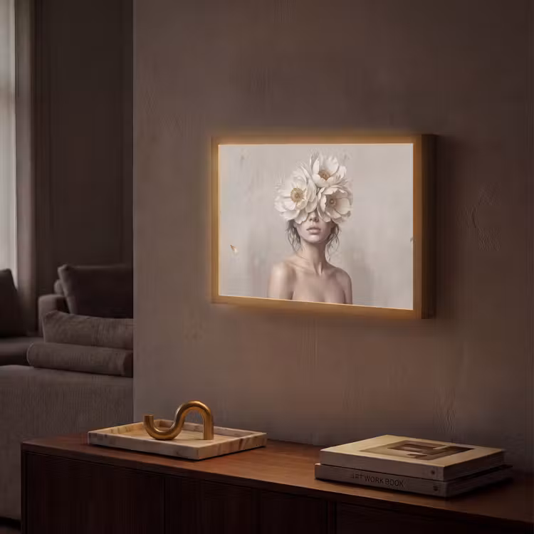 Vrouw - Pioenroos - Wit Light Box met batterij (Wandlamp) middel -sfeer1