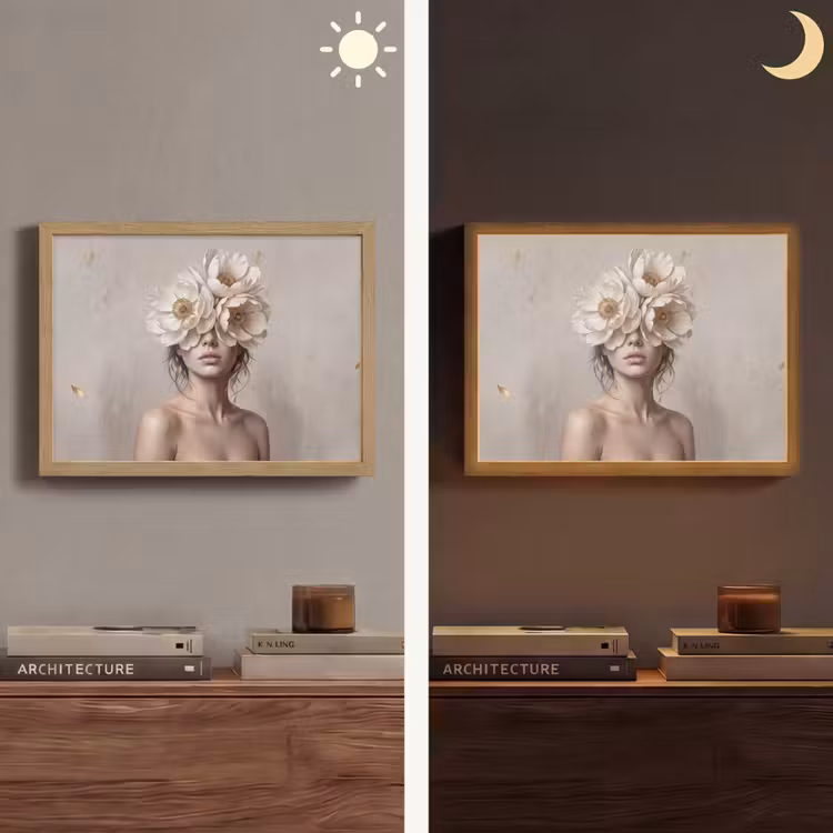 Vrouw - Pioenroos - Wit Light Box met batterij (Wandlamp) middel -sfeer3