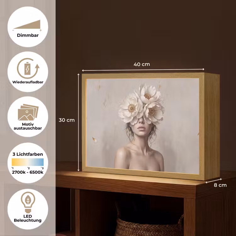 Vrouw - Pioenroos - Wit Light Box met batterij (Wandlamp) middel -USP_websiteoverzichtDE
