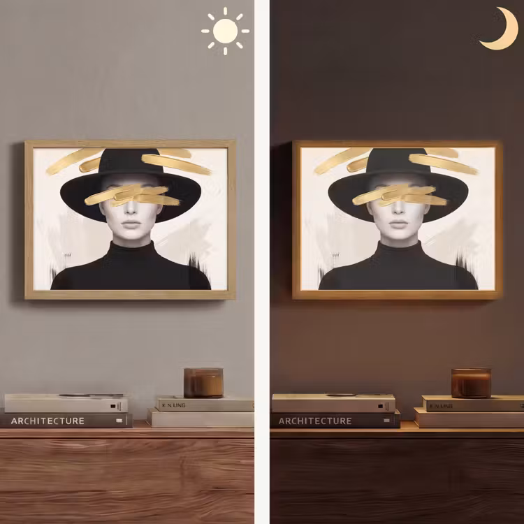 Vrouw - Portret - Modern - Goud - Kunst Light Box met batterij (Wandlamp) middel -sfeer3