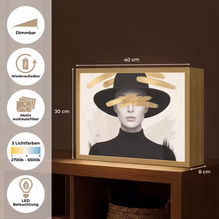 Vrouw - Portret - Modern - Goud - Kunst Light Box met batterij (Wandlamp) middel -USP_websiteoverzichtDE