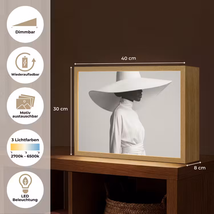 Vrouw - Profiel - Hoed - Zwart - Wit - Minimalistisch Light Box met batterij (Wandlamp) middel -USP_websiteoverzichtDE