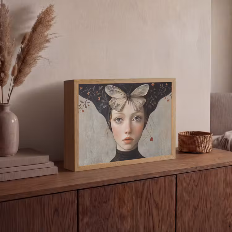 Woman - Butterfly - Art - Classic - Muted Light Box met batterij (Wandlamp) middel -sfeer2