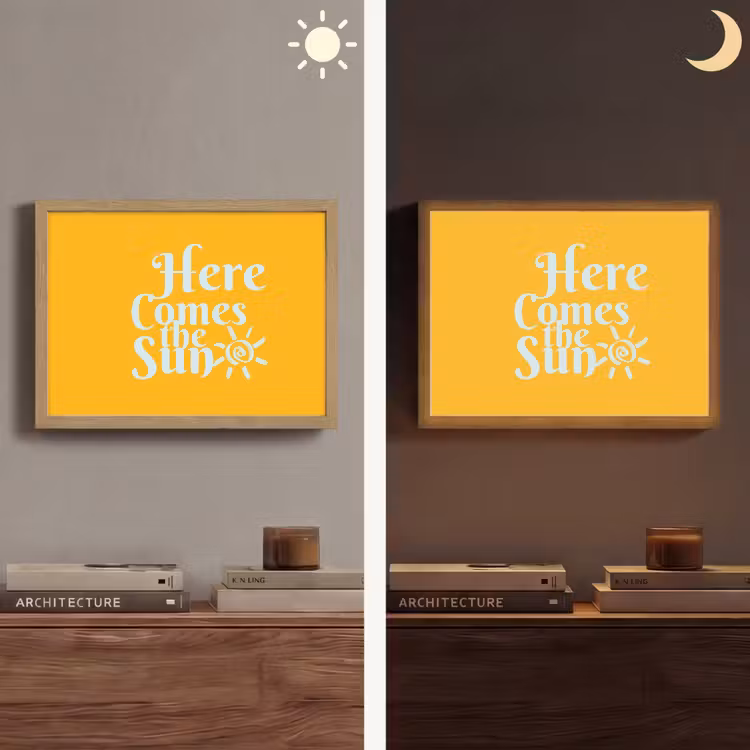 Geel - Blauw - Here comes the sun Light Box met batterij (Wandlamp) middel -sfeer3