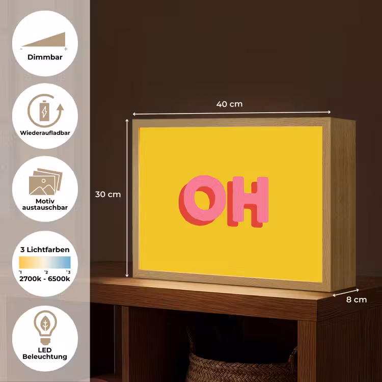 Geel - Roze - Oh - 3D Light Box met batterij (Wandlamp) middel -USP_websiteoverzichtDE