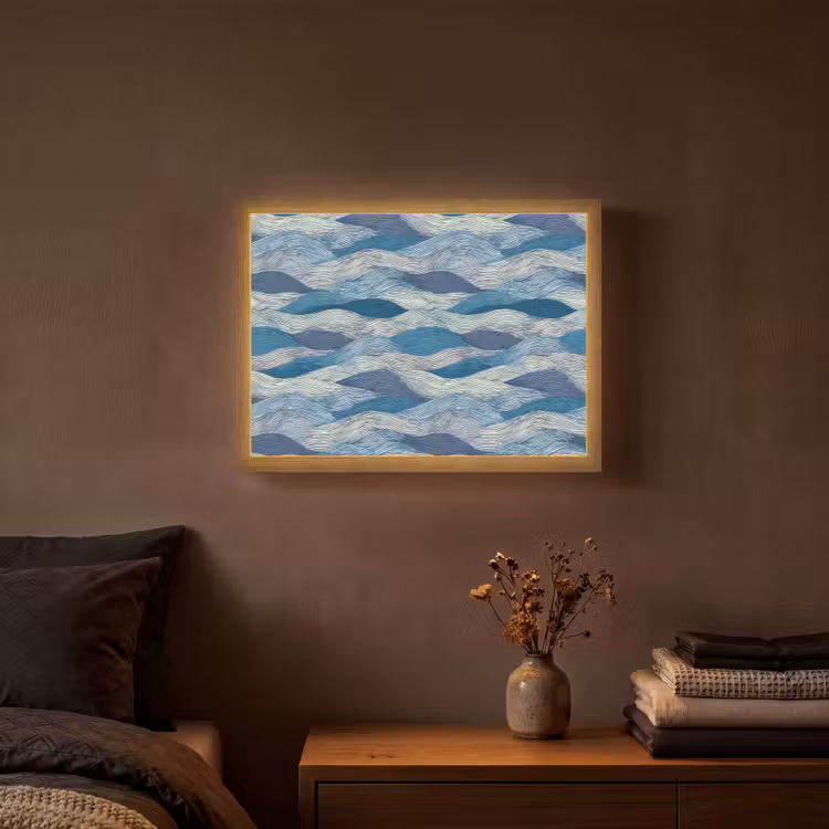 Getekend - Blauw - Wit - Golvend - Streepjes Light Box met batterij (Wandlamp) middel 907 -sfeer4