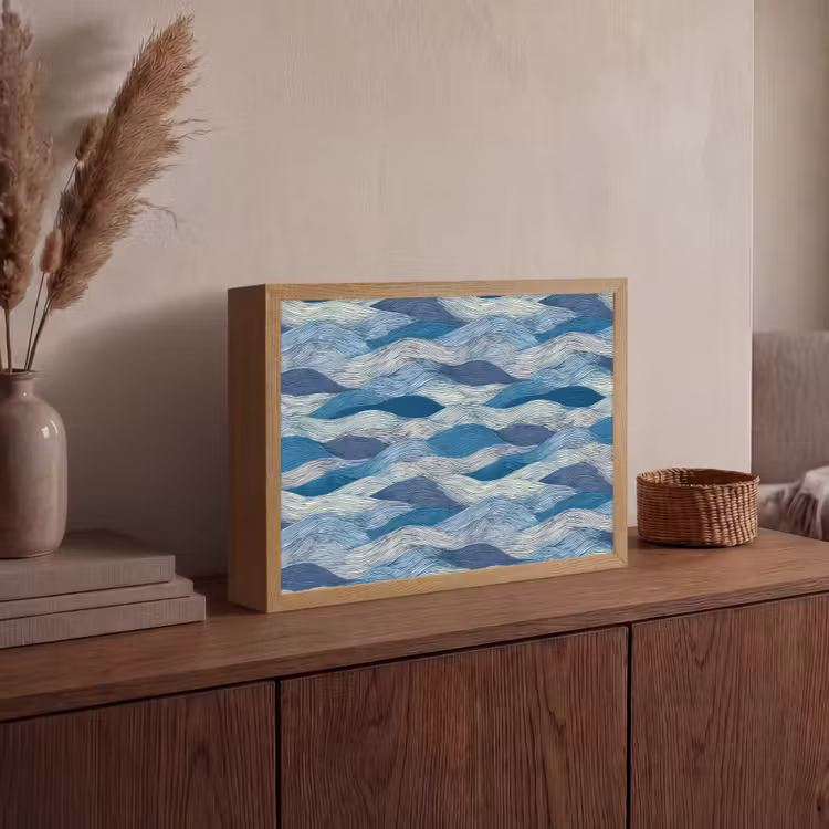 Getekend - Blauw - Wit - Golvend - Streepjes Light Box met batterij (Wandlamp) middel 907 -sfeer2