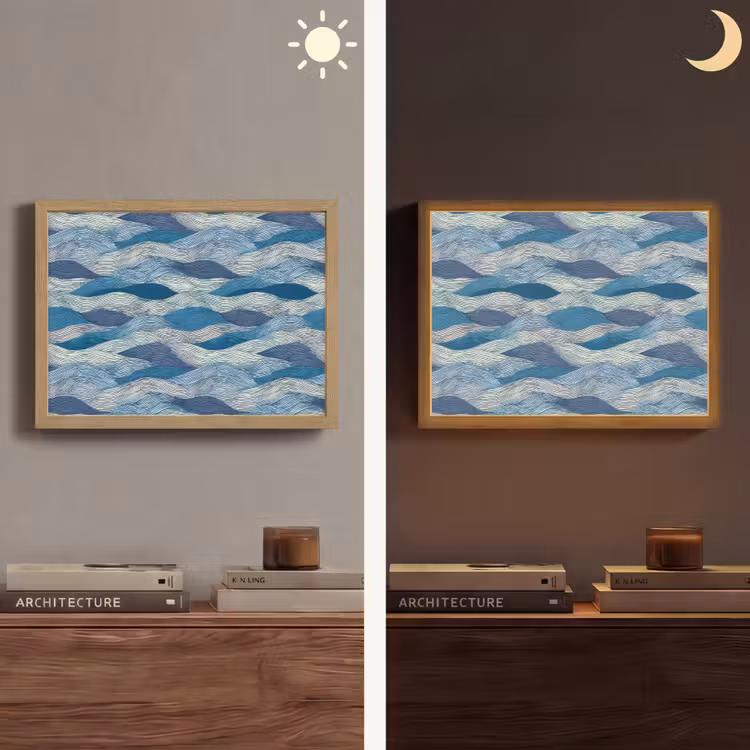 Getekend - Blauw - Wit - Golvend - Streepjes Light Box met batterij (Wandlamp) middel 907 -sfeer3