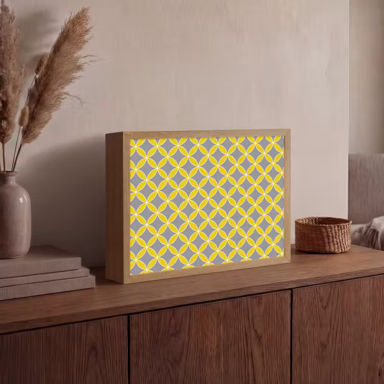 Geometrisch - Cirkels - Modern - Grijs - Geel Light Box met batterij (Wandlamp) middel 907 -sfeer2