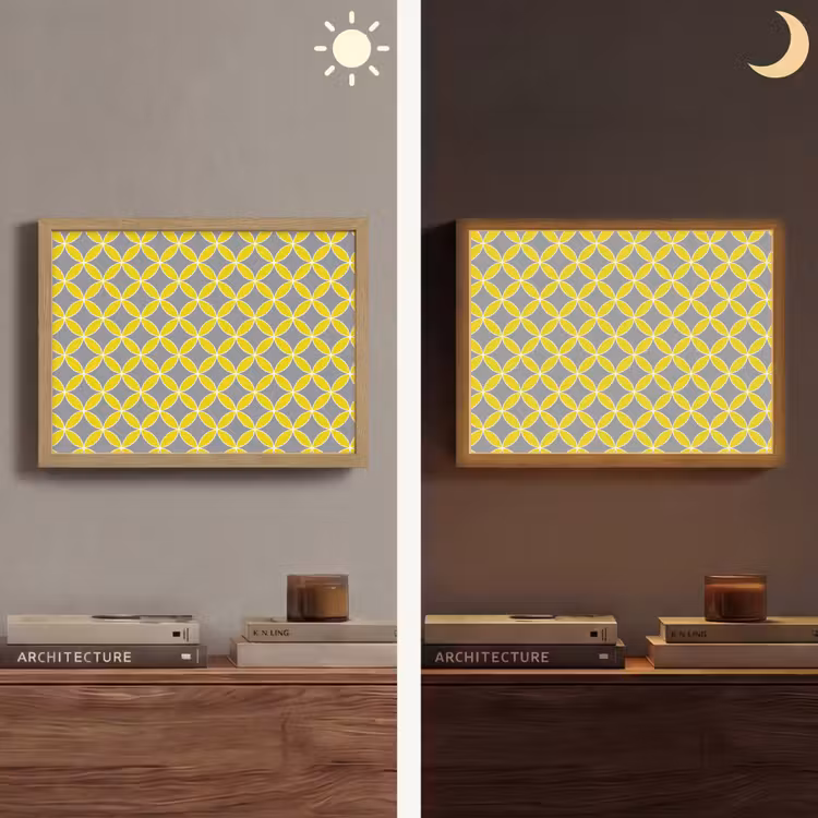 Geometrisch - Cirkels - Modern - Grijs - Geel Light Box met batterij (Wandlamp) middel 907 -sfeer3