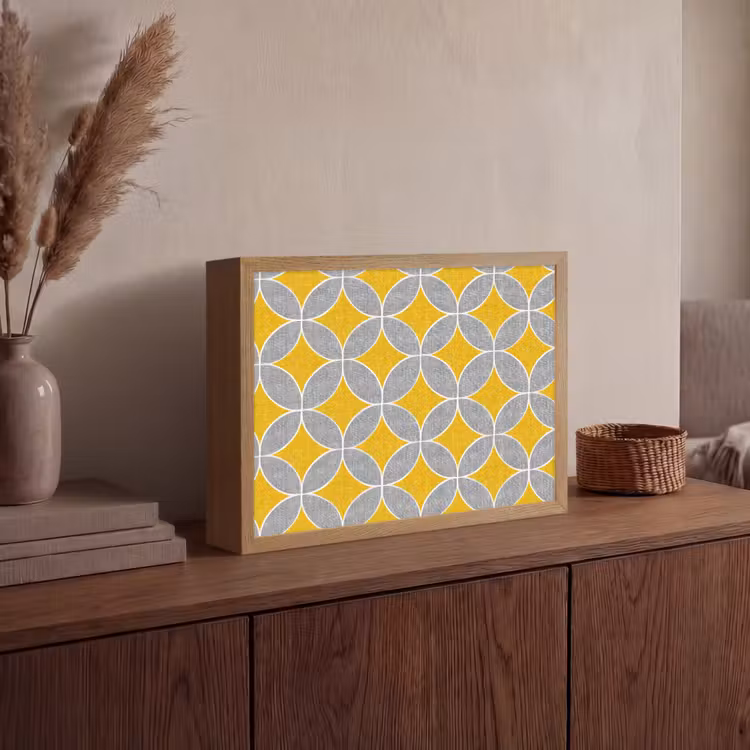 Geometrisch - Cirkels - Textuur - Grijs - Geel Light Box met batterij (Wandlamp) middel 907 -sfeer2