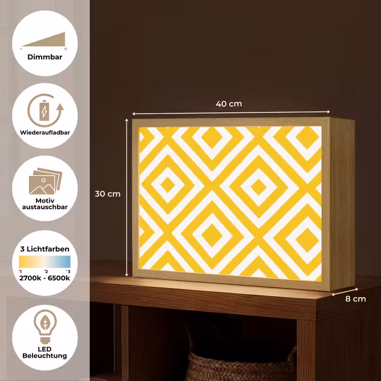 Geometrisch - Lijnen - Modern - Geel - Wit Light Box met batterij (Wandlamp) middel 907 -USP_websiteoverzichtDE