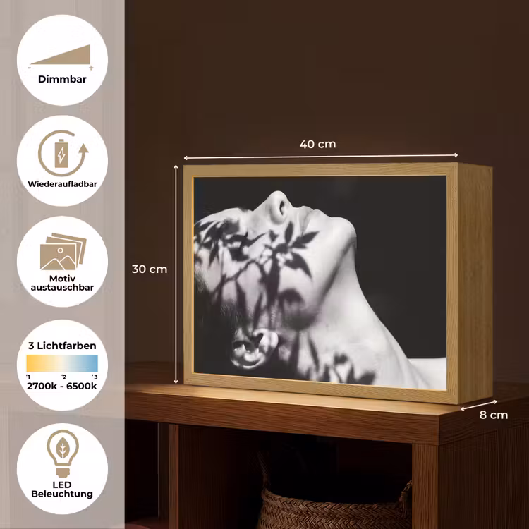 Gezicht - Schaduw - Bladeren - Zwart - Wit - Intiem Light Box met batterij (Wandlamp) middel -USP_websiteoverzichtDE
