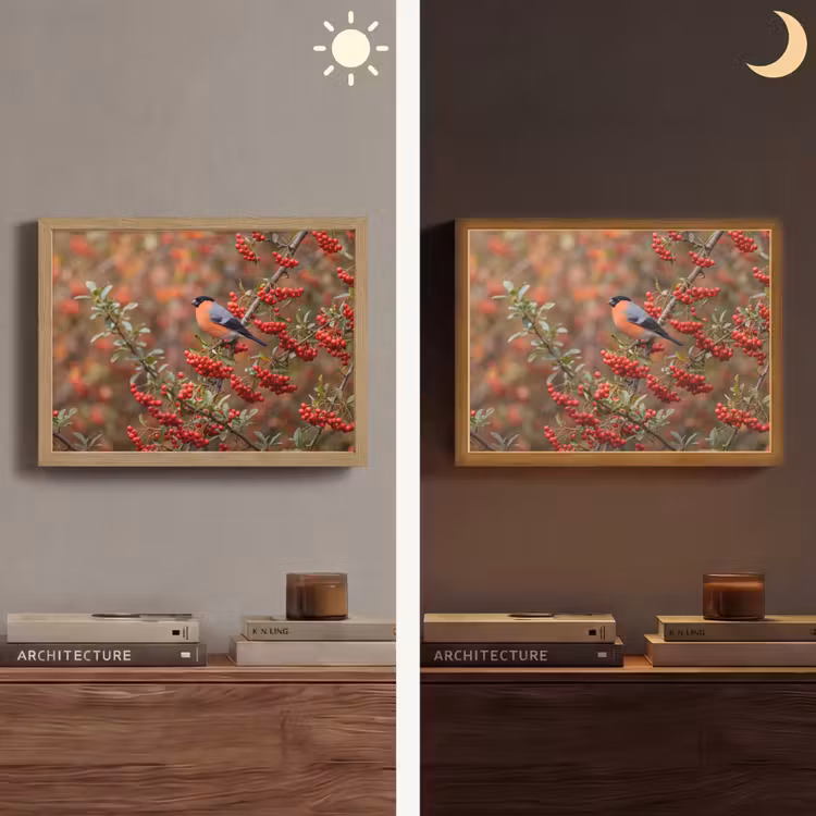 Goudvink - Bessen - Herfst - Natuur - Kleurrijk Light Box met batterij (Wandlamp) middel -sfeer3