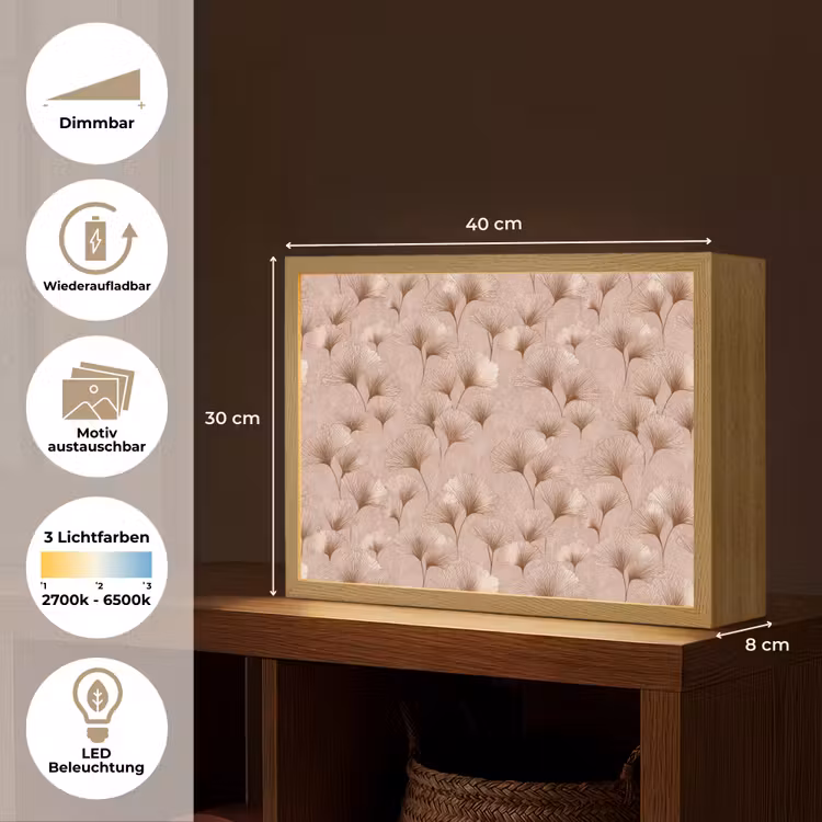 Ginkgo - Patroon - Roze Light Box met batterij (Wandlamp) middel 907 -USP_websiteoverzichtDE